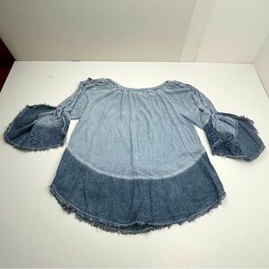 XCVI Chambray Womens Small Blue Popover Top Boho Bohemian Embroidered Tie Sleeve